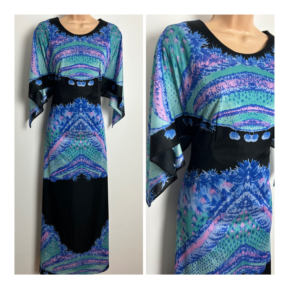 Vintage 1970s Size 10-12 Black Blue & Mint Green Abstract Print Pointed Sleeve Maxi Dress