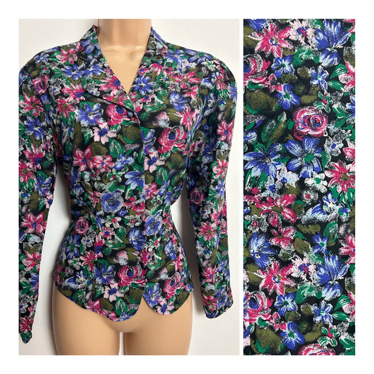 Vintage Early 1980s Size 8-10 Black Green & Pink Floral Print Long Sleeve Shirt/Blouse