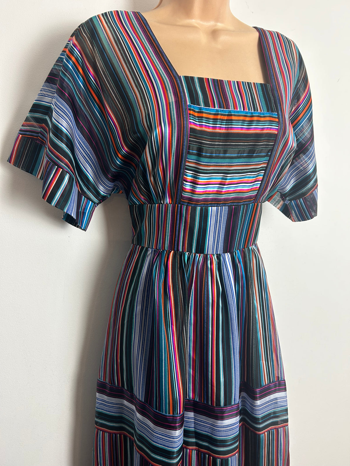 Vintage 1970s TRICOVILLE HANDFASHIONED Size 10 Brown Blue & White Stripe & Geo Print Long Sleeve Maxi Dress
