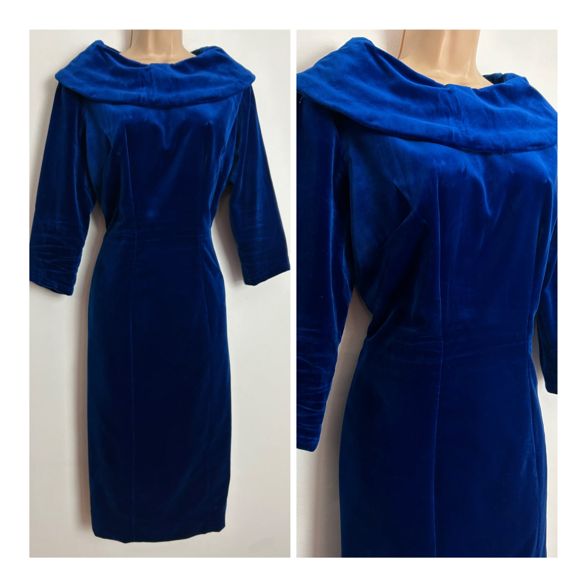 Vintage 1960s UK Size 14 Electric Blue Bardot Collared 3/4 Sleeve Fitted Wiggle Velvet Dress