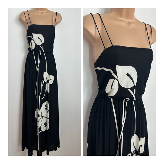 Vintage Late 1970s WOLF H BUSSE Size 10 Black & White Floral Double Strap Tie Back Maxi Dress