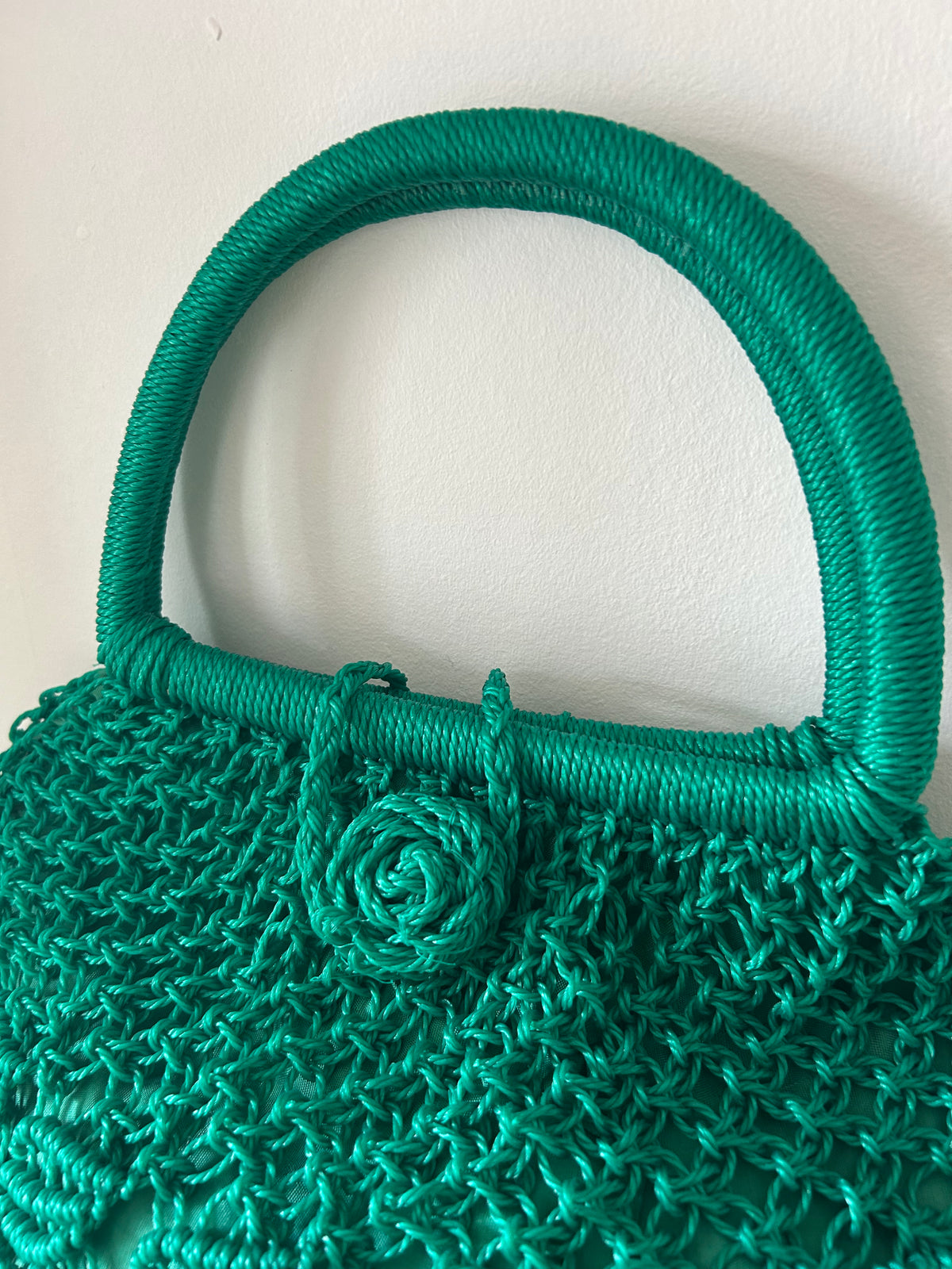 Vintage 1960s Green Plastic String Macrame Shopping Tote Bag