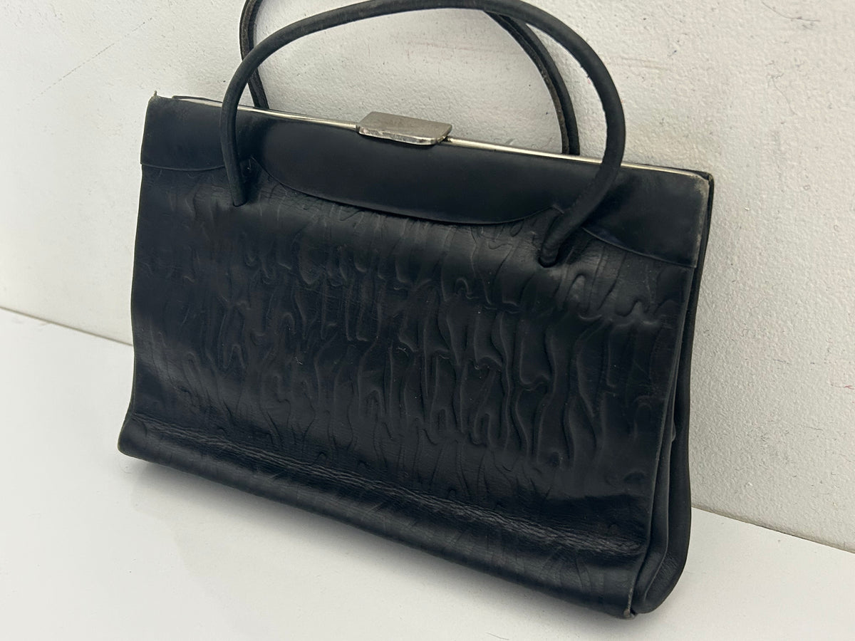 Vintage Early 1950s Small Black Embossed Kelly Style Handbag