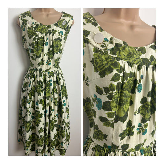 Vintage 1950s Size 8-10 Cream & Green Floral Print Cotton Button & Tab Detail Day Dress