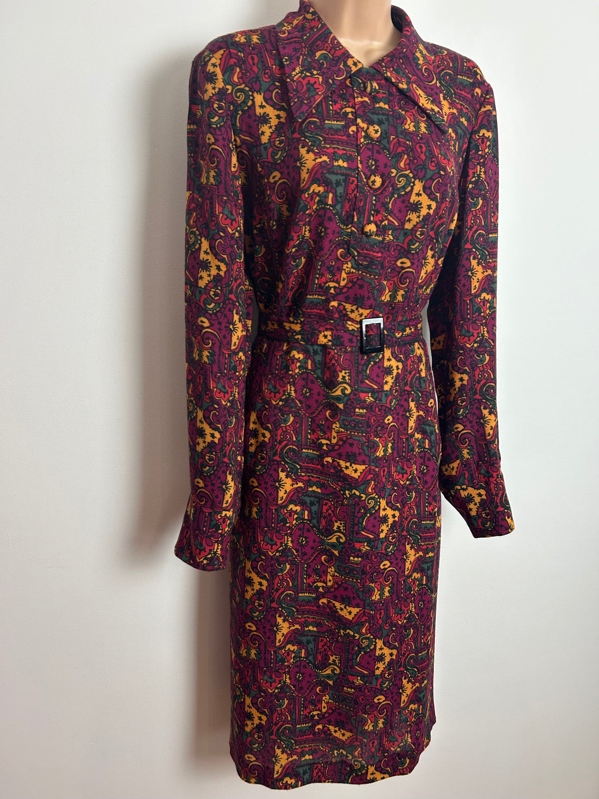 Vintage 1970s Size 16 Wine Mustard & Dark Green Abstract Nouveau Inspired Print Wool Mix Belted Long Sleeve Dress