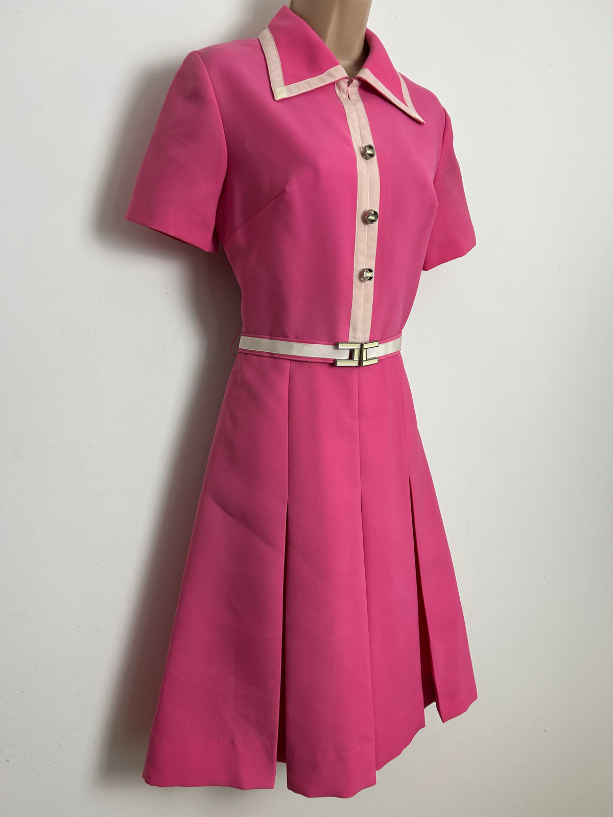 Vintage Late 1960s BERNARD FRERES Size 10 Candy Pink Belted Pleated Mod Dress