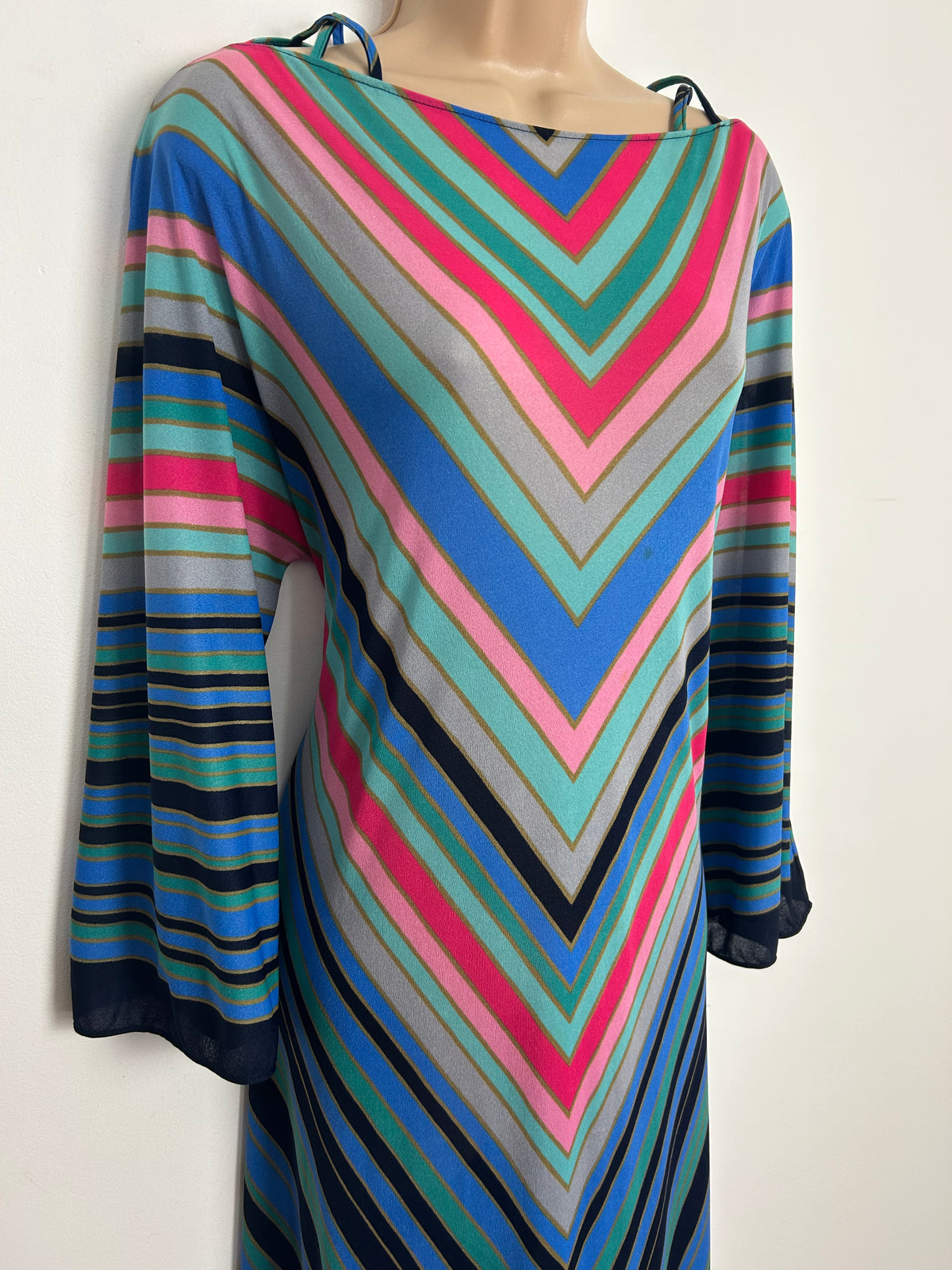 Vintage 1970s POMPADOUR Up To Size 12 Blue Pink Mint Green Chevron Stripe 3/4 Sleeve Criss Cross Strap Kaftan Style Maxi Dress