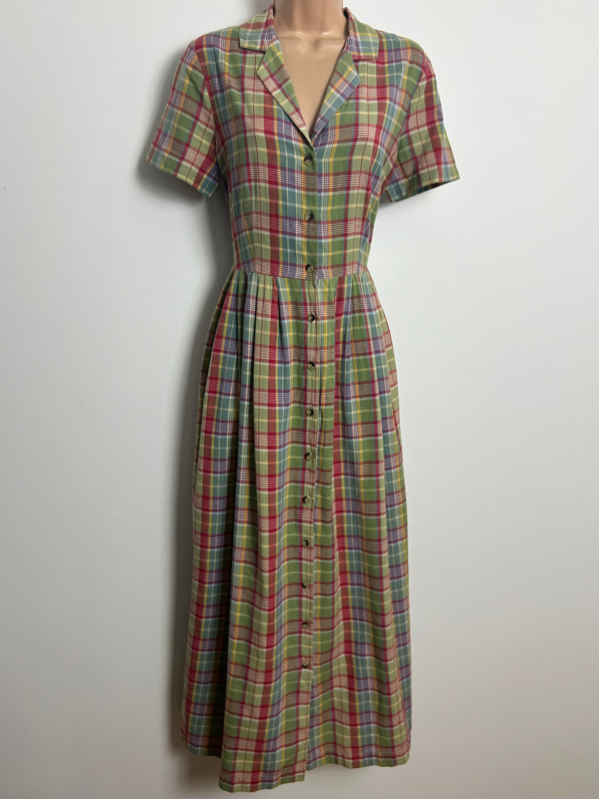 Vintage 1980s LAURA ASHLEY Size 12 Green Red & Blue Check Print Cotton Maxi Dress
