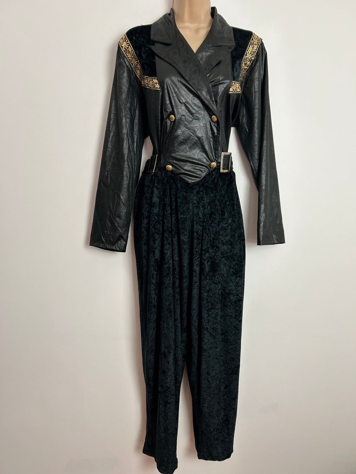 Vintage Extreme 1980's Size 14 Black Wet Look & Velour Gold Braid Trim Long Sleeve Side Buckle Fastenings Jumpsuit