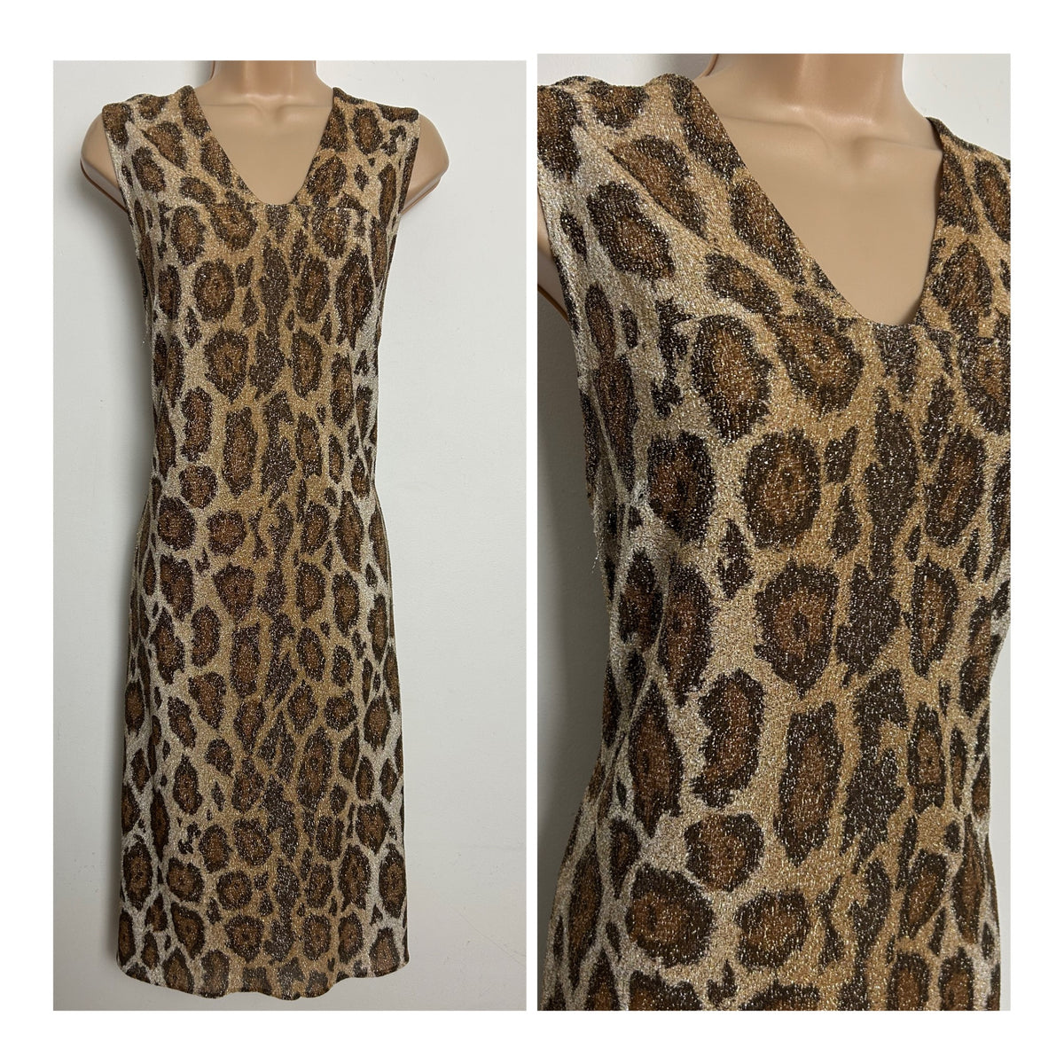 Vintage 1970s Size 12 Brown & Gold Leopard Print Lurex Sleeveless Shift Dress