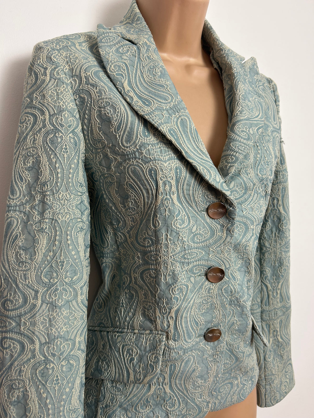 Vintage Y2K LISA TOSSA Size 10 Duck Egg Blue & Cream Embossed Pattern Jacket