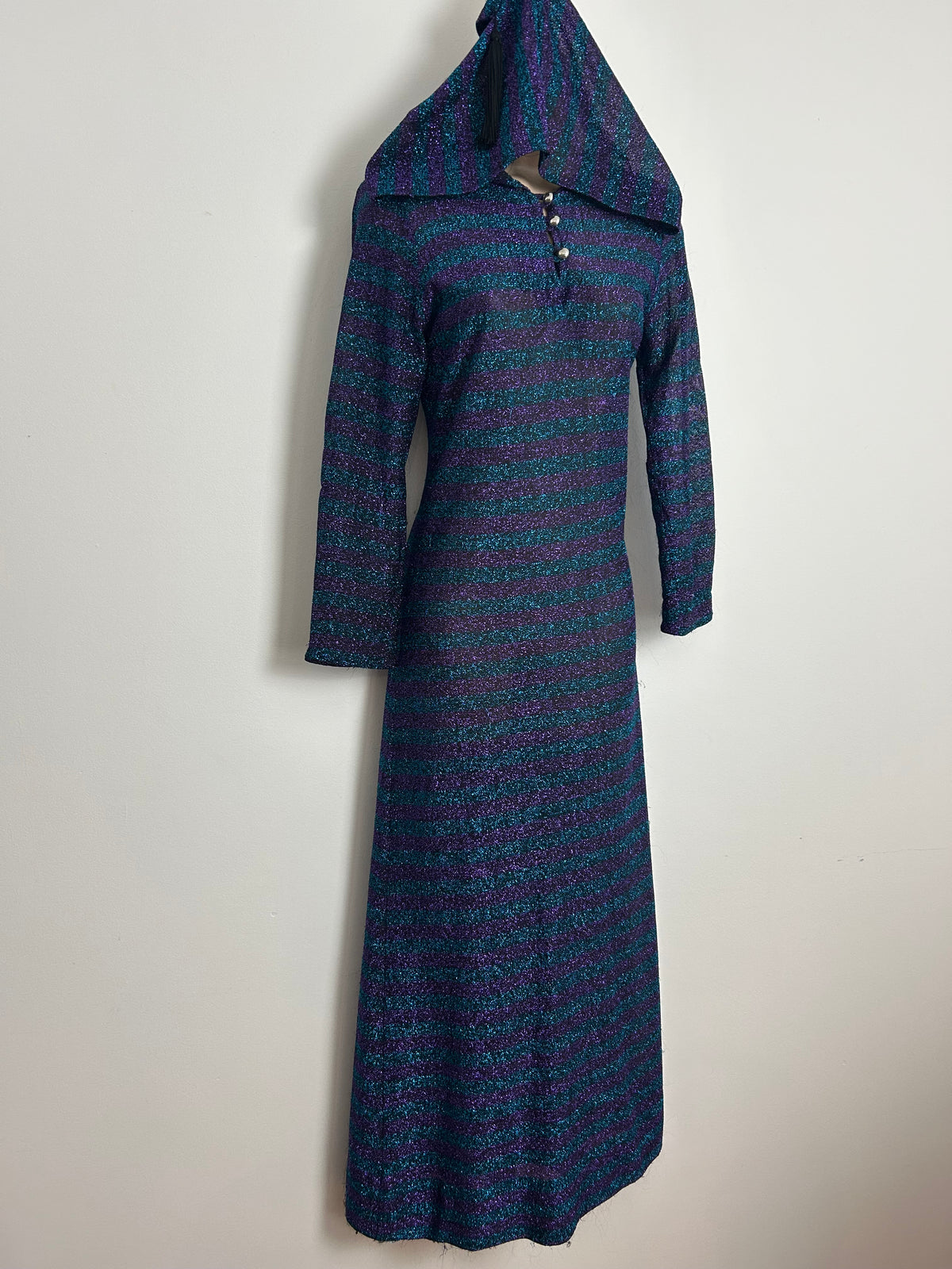 Vintage 1970s Size 6-8 Dark Turquoise & Purple Stripe Print Lurex Shimmery Hooded Occasion Maxi Dress