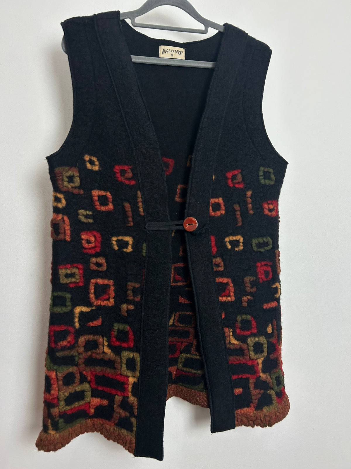 Vintage Size 12-14 Very Dark Grey Multi Square Pattern Wool Long Length Waistcoat