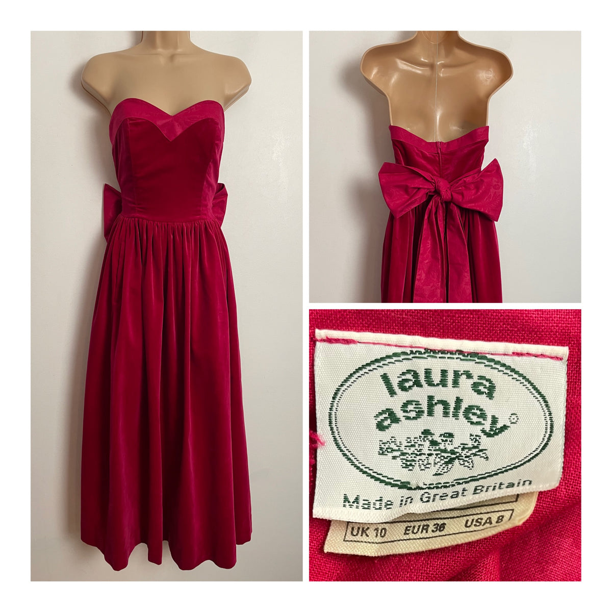 Vintage 1980s LAURA ASHLEY UK SIZE 6 (Size 10 On Label) Red Velvet Strapless Bow Back Ballgown