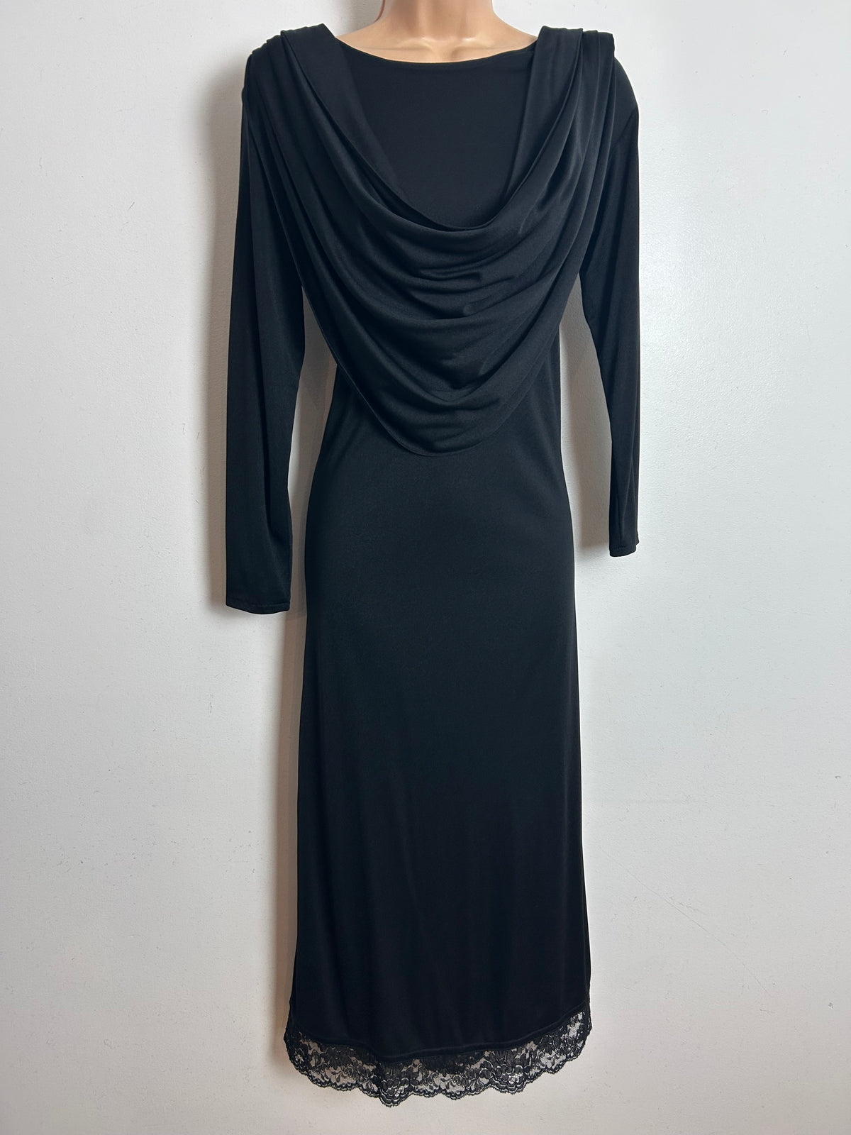 Vintage Late 1970s Early 1980s LAURA PHILLIPS Size 10-12 Black Drape Neck Long Sleeve Midi Occasion Dress