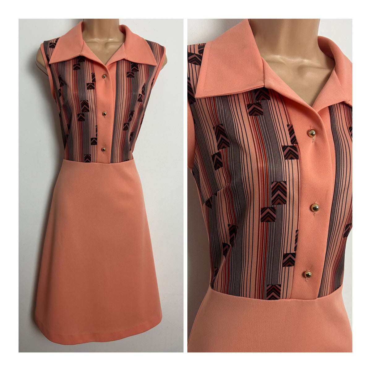 Vintage 1970s DEVONSHIRE LADY Size 8-10 Peach Vertical & Chevron Stripe Pint Sleeveless Mod Dress
