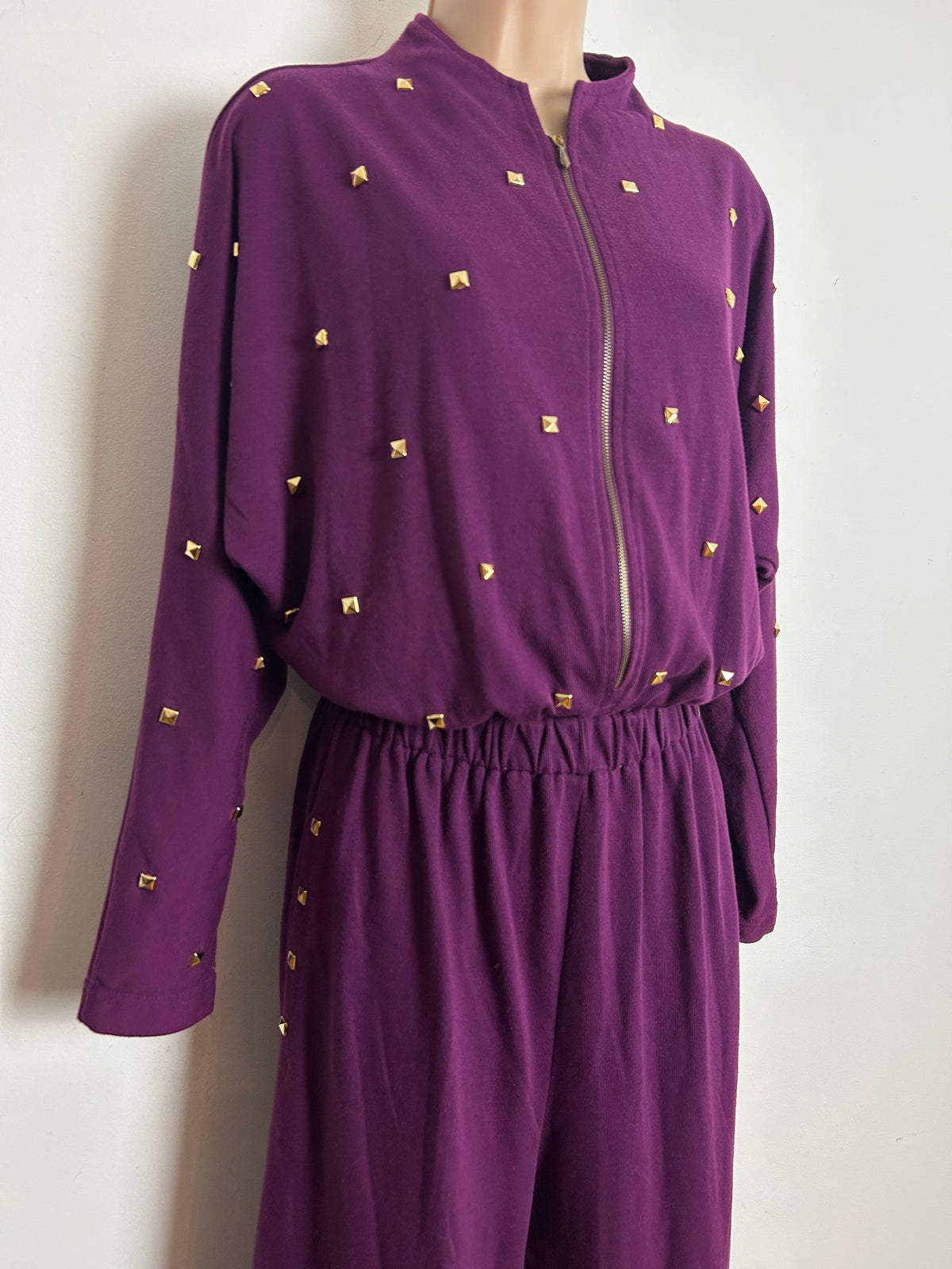 Vintage 1980s STYLES TO GO Size 10-12 Purple Jersey Stud Detail Zip Fronted Casual Jumpsuit