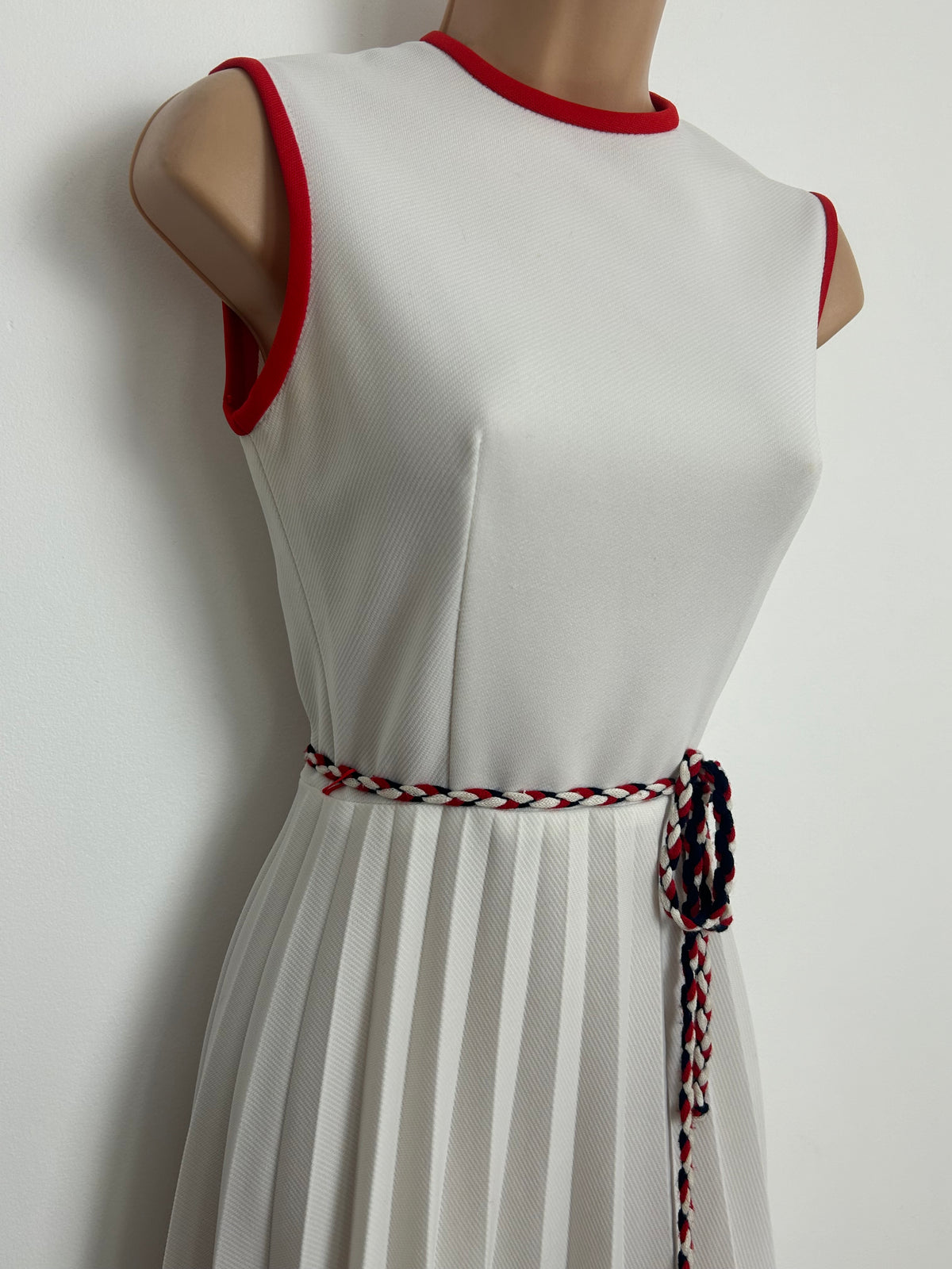 Vintage Early 1970s Size 6 White Red & Blue Stripe Braid Embellished Belted Pleated Summer Mod Dress