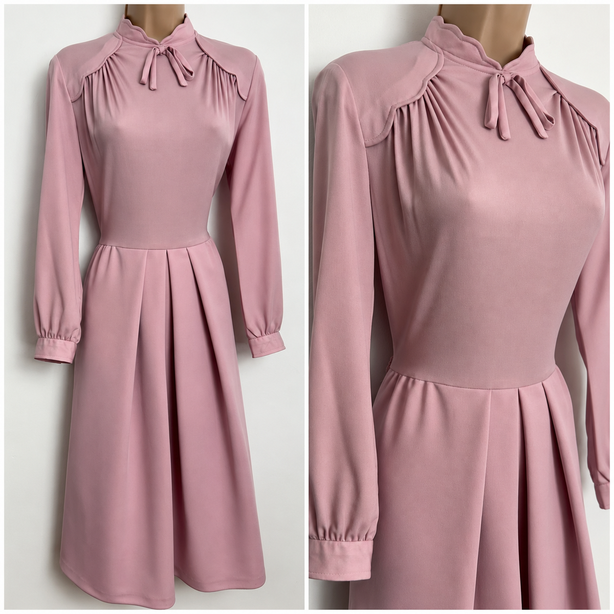 Vintage 1970S CARNEIGIE Size 10 Pale Pink Scallop Neck Long Sleeve Pleated Dress