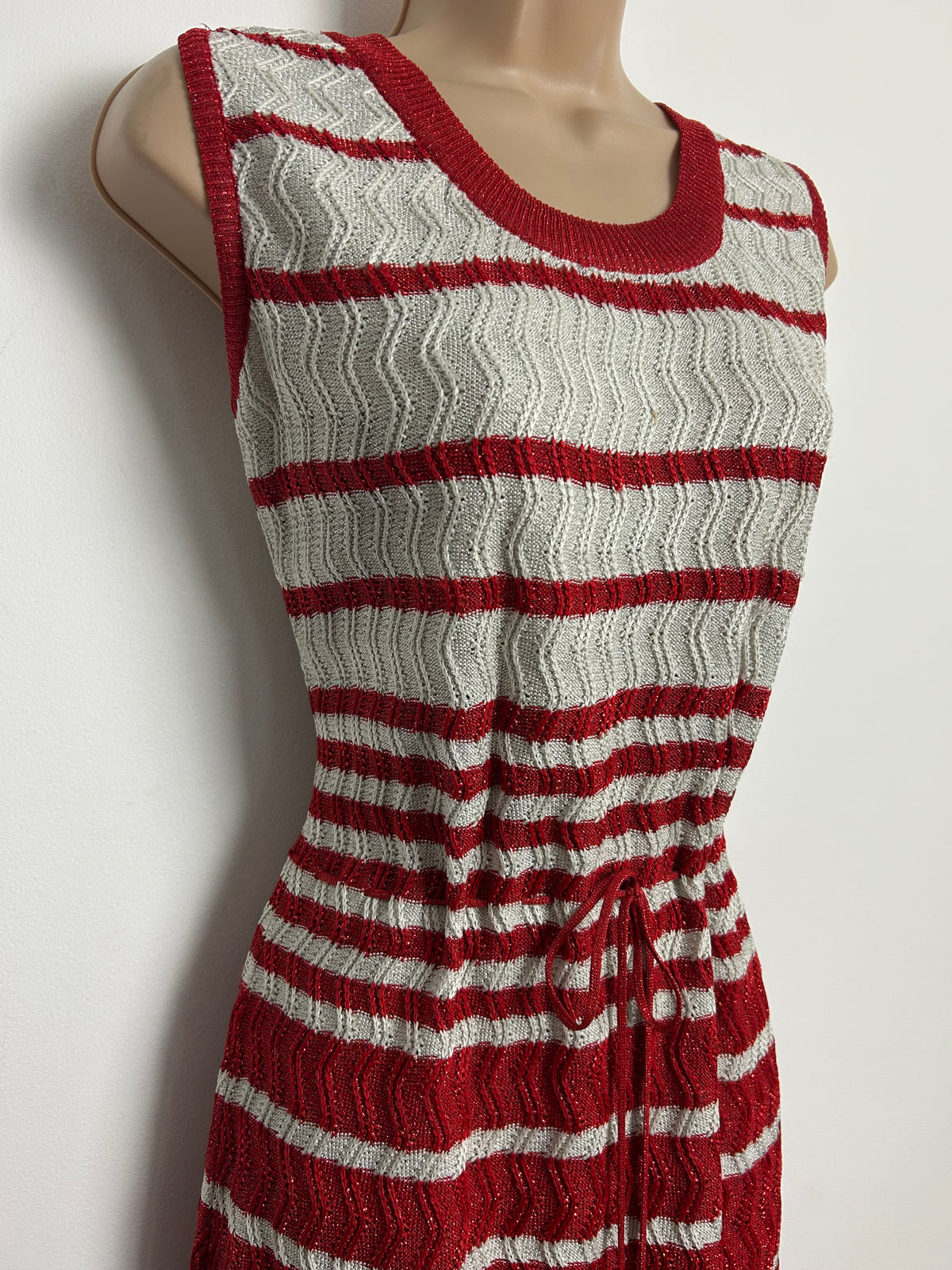 Vintage 1970s SAINT MARY Size 12-14 Red & Pale Silver Thread Stripe Sleeveless Maxi Dress