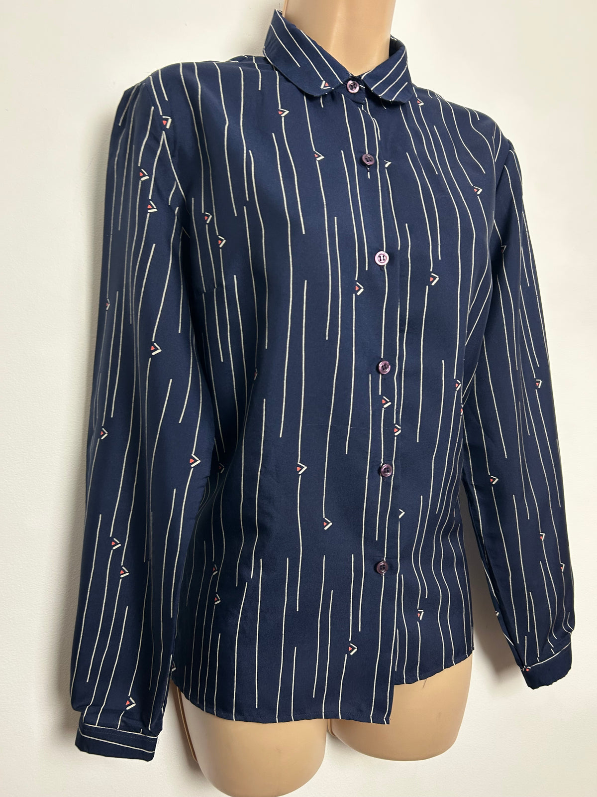 Vintage 1970s MISS HELEN PARIS Size 14 Navy Blue Stripe Geo Print Long Sleeve Shirt