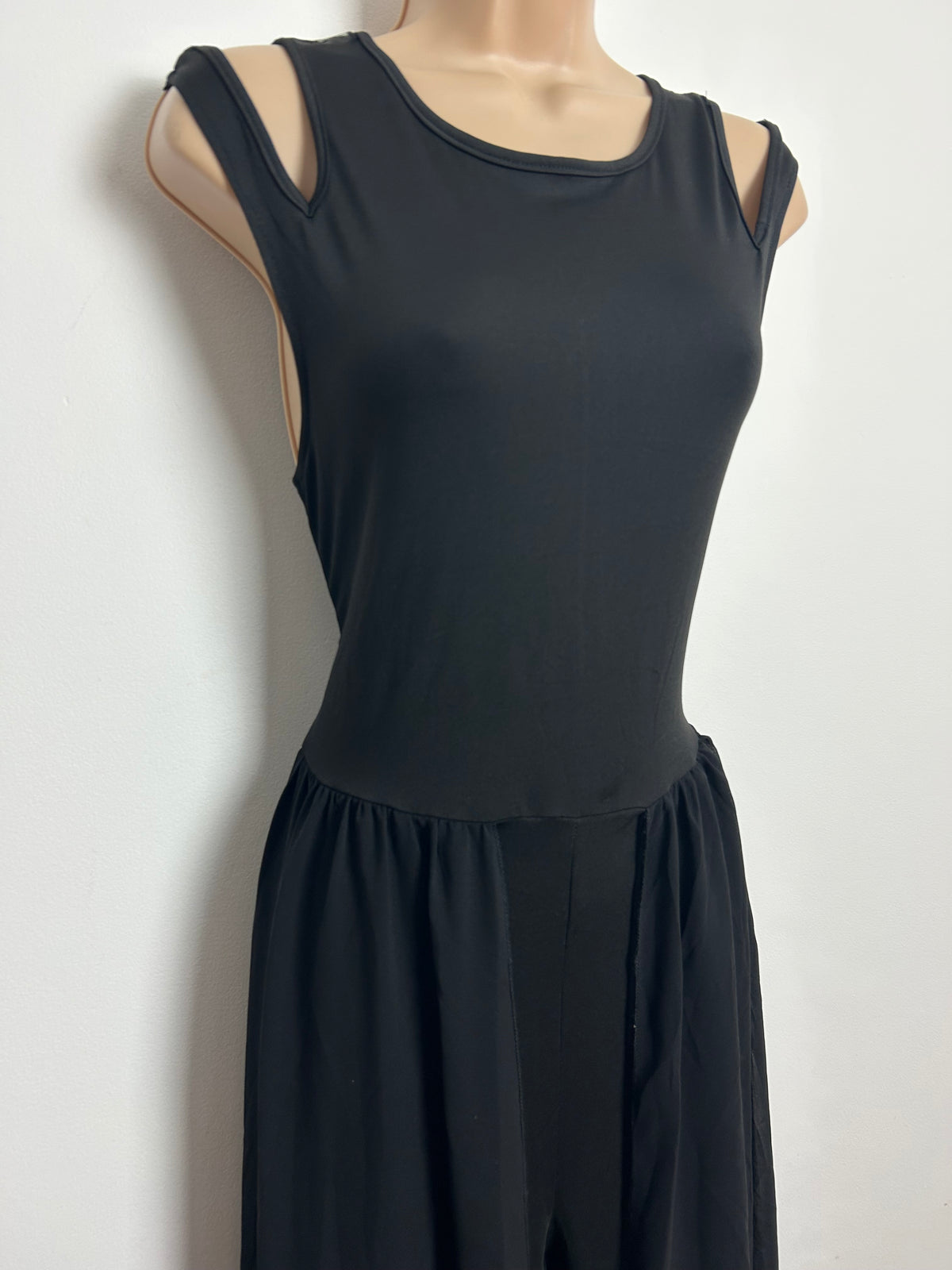 Vintage 1990s Size 8 Black Double Strap Cut Out Shoulder Jumpsuit With Chiffon Skirt Overlay