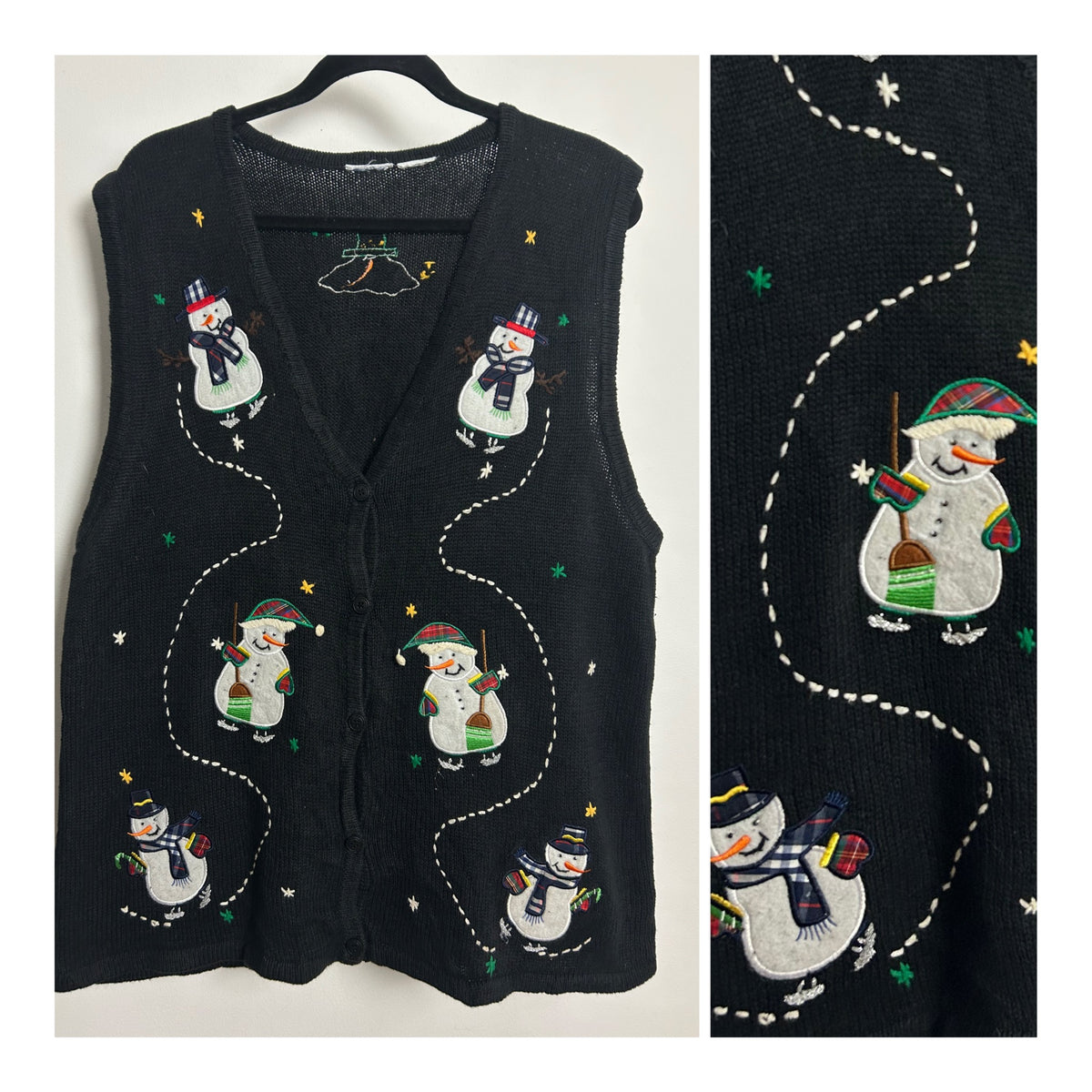 Vintage 1990s Size 14-16 Black Snowman Applique Festive Xmas Novelty Christmas Waistcoat