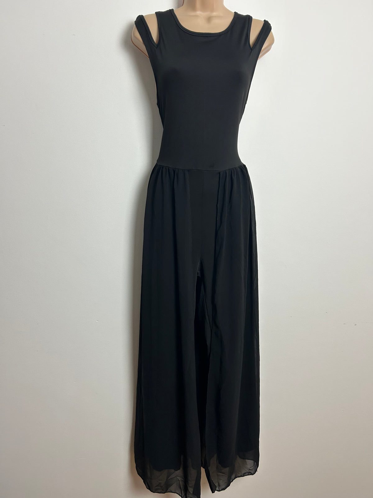 Vintage 1990s Size 8 Black Double Strap Cut Out Shoulder Jumpsuit With Chiffon Skirt Overlay