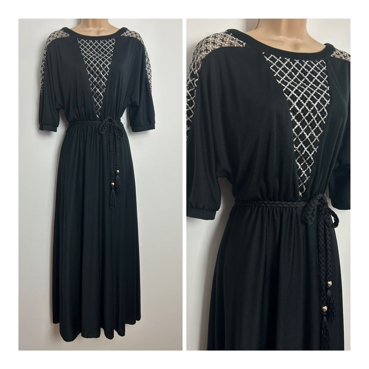 Vintage Early 1980s COUTURE BERND LINEK Size 10-12 Black & Silver Lace Panel Evening Maxi Dress