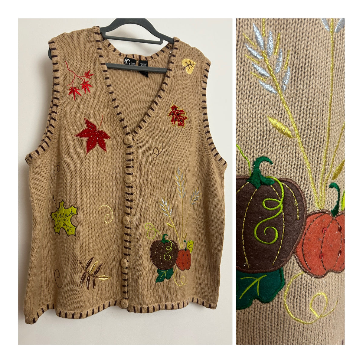 American Vintage 1990s Beige Autumnal Leaf & Pumpkin Applique Vest Waistcoat Cardigan 14-16