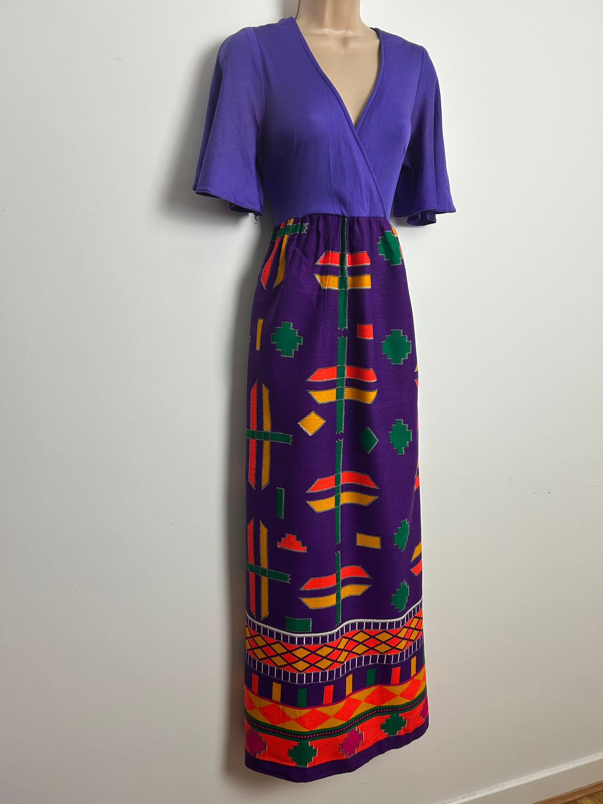 American Vintage 1970s BOBBIE BROOKS Size 8 Purple Mustard Red & Green Abstract Print Maxi Dress