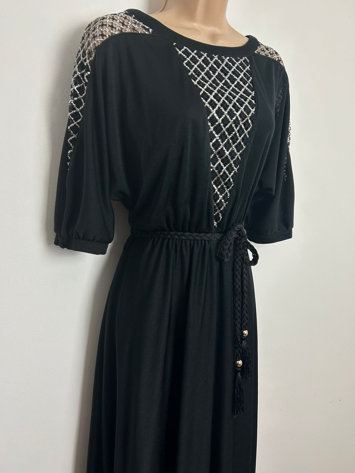 Vintage Early 1980s COUTURE BERND LINEK Size 10-12 Black & Silver Lace Panel Evening Maxi Dress