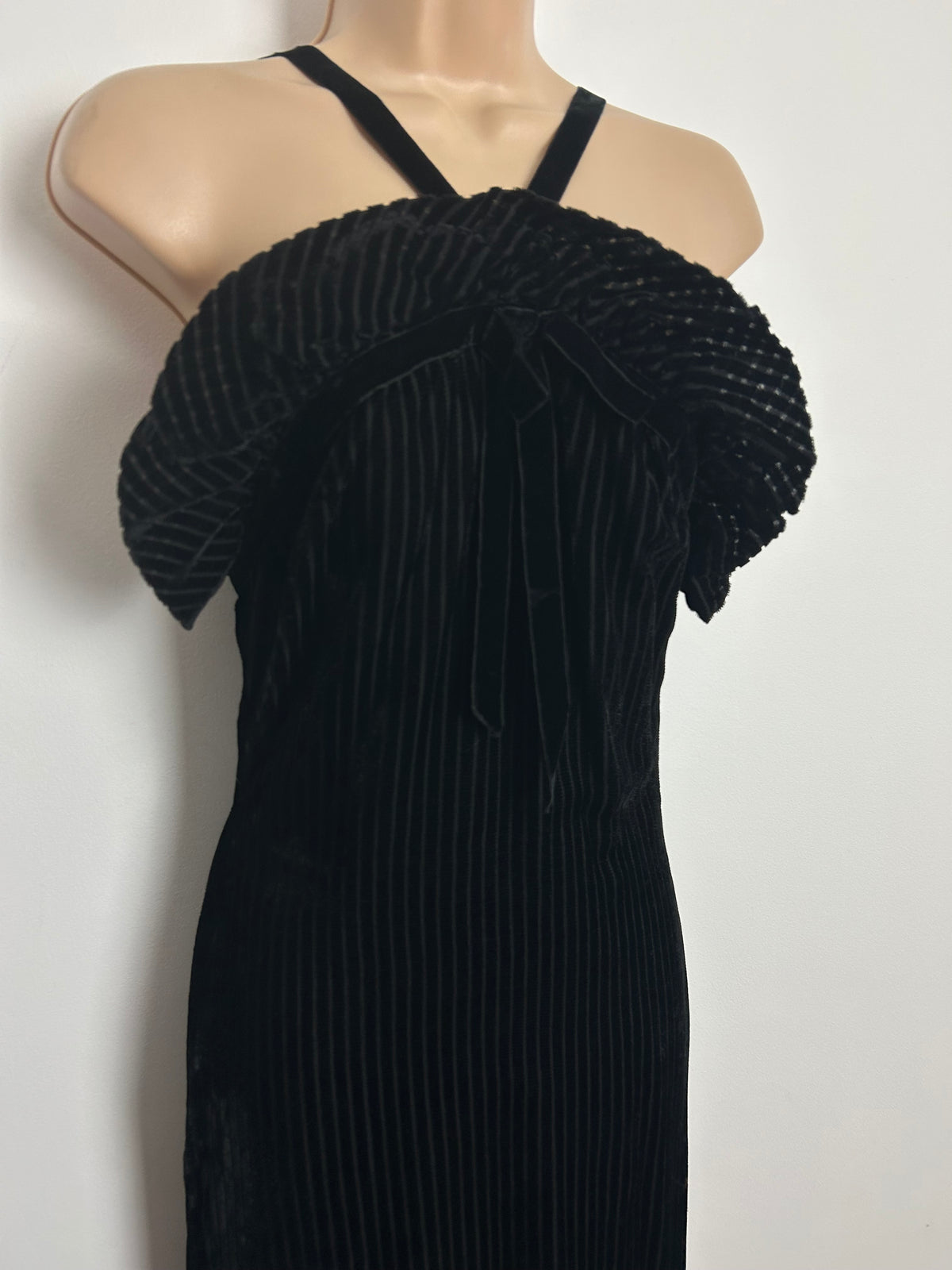 Vintage Late 1960s FRANK USHER Size 8-10 Black Stripe Velvet Halterneck Ruffle Trim Evening Maxi Dress