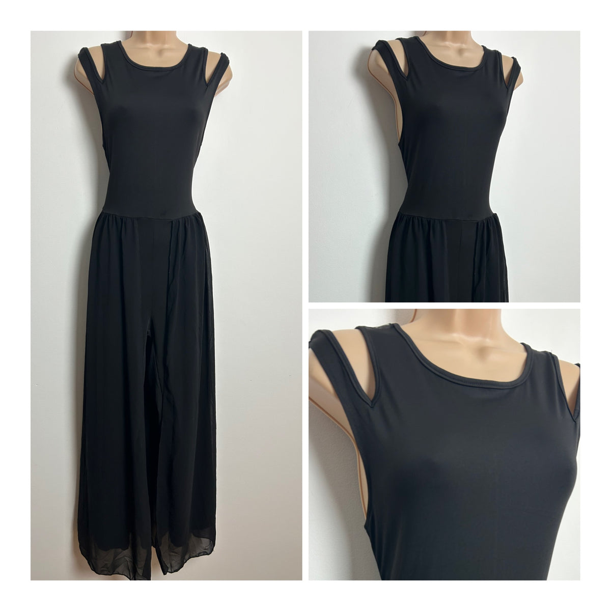 Vintage 1990s Size 8 Black Double Strap Cut Out Shoulder Jumpsuit With Chiffon Skirt Overlay