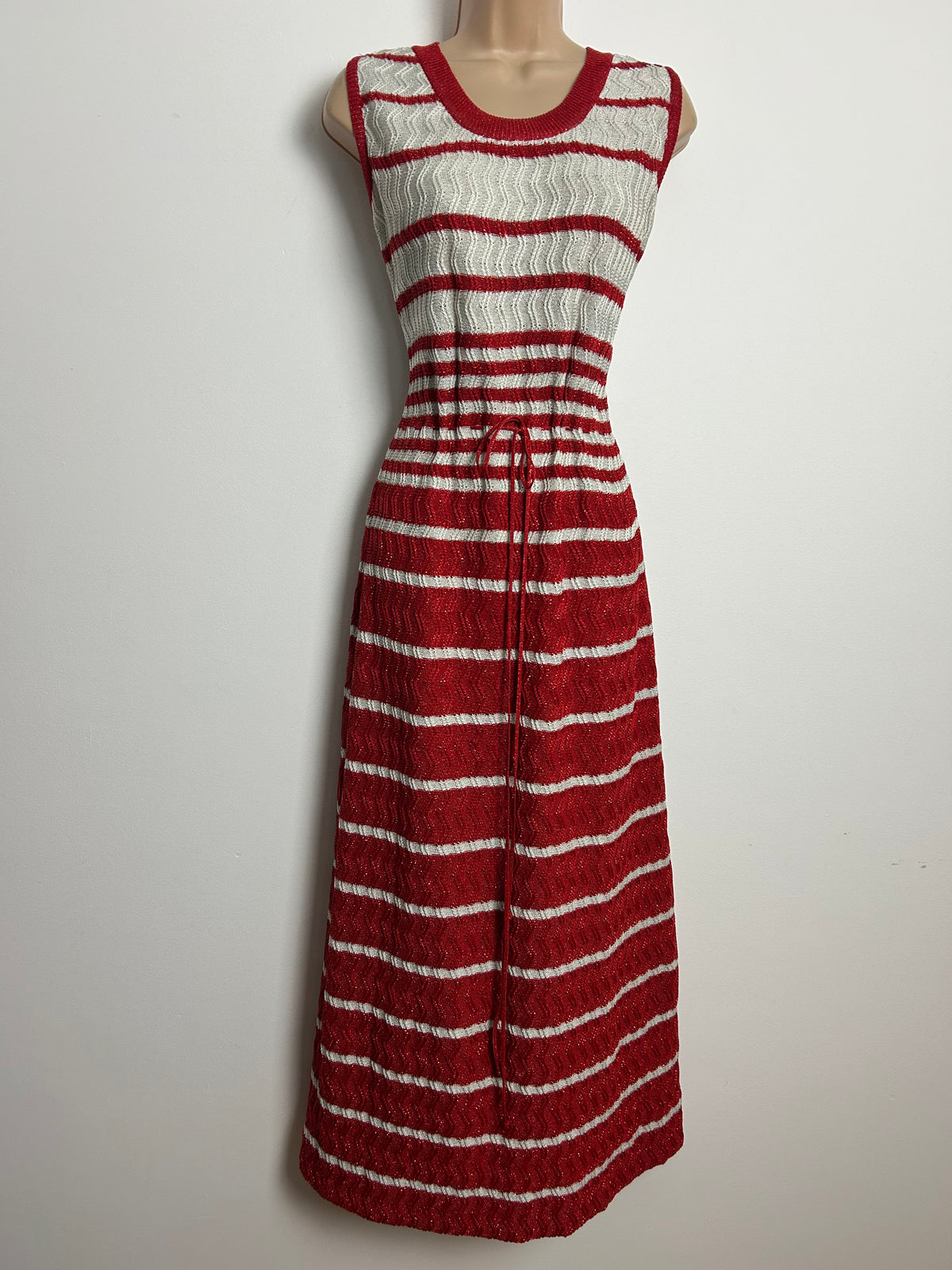 Vintage 1970s SAINT MARY Size 12-14 Red & Pale Silver Thread Stripe Sleeveless Maxi Dress