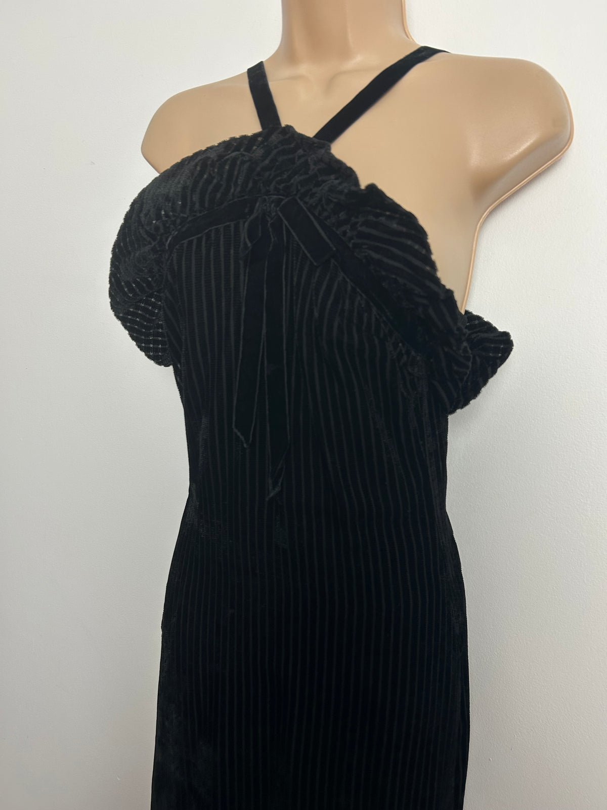 Vintage Late 1960s FRANK USHER Size 8-10 Black Stripe Velvet Halterneck Ruffle Trim Evening Maxi Dress