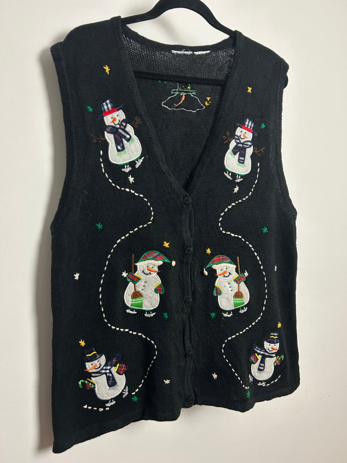 Vintage 1990s Size 14-16 Black Snowman Applique Festive Xmas Novelty Christmas Waistcoat