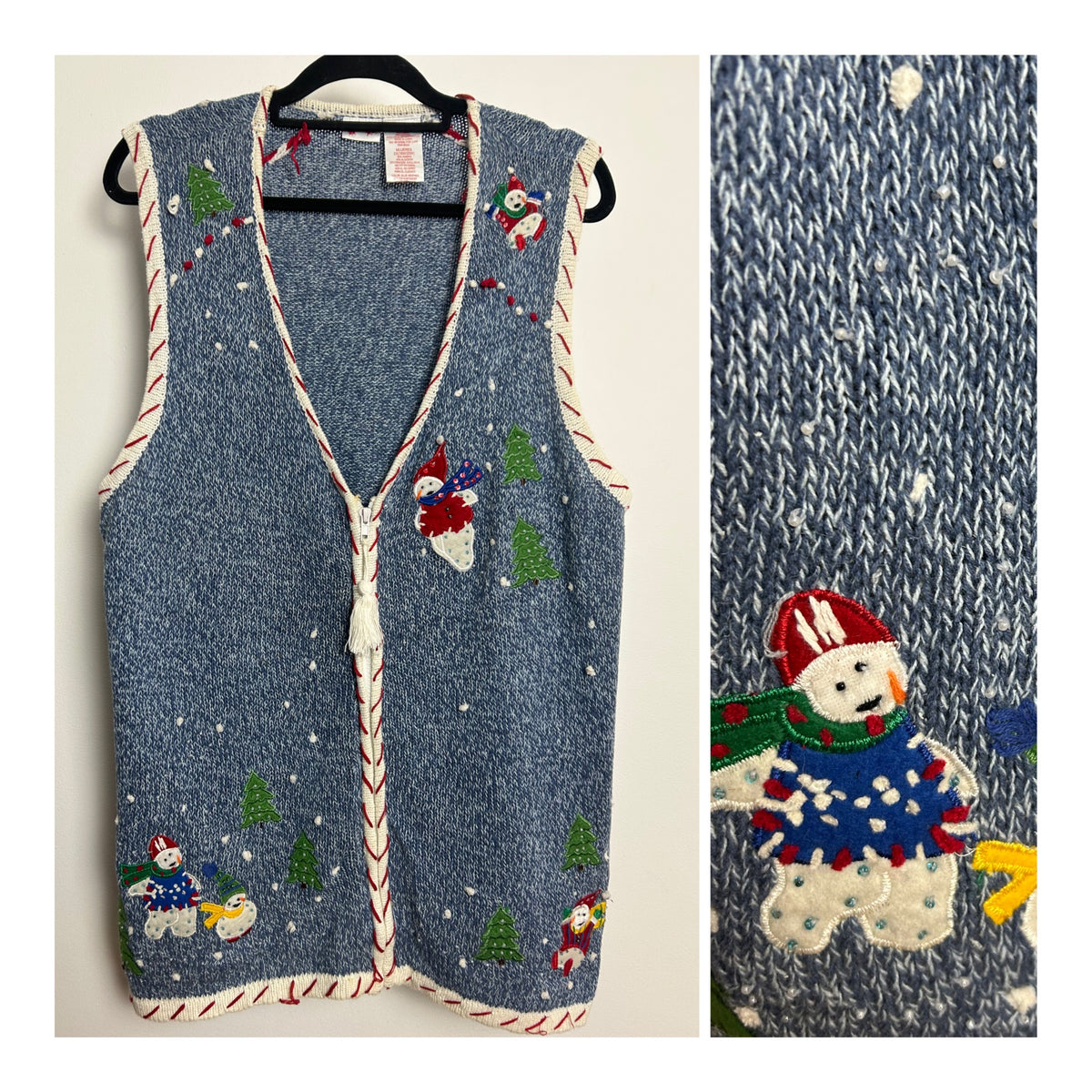 Vintage 1990s Up To Size 18 Blue Snowmen Applique Xmas Novelty Christmas Knitted Waistcoat
