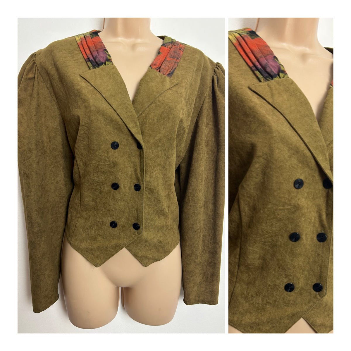 Vintage 1980s Size 14 Brown Double Breasted Moleskin Feel Blouse