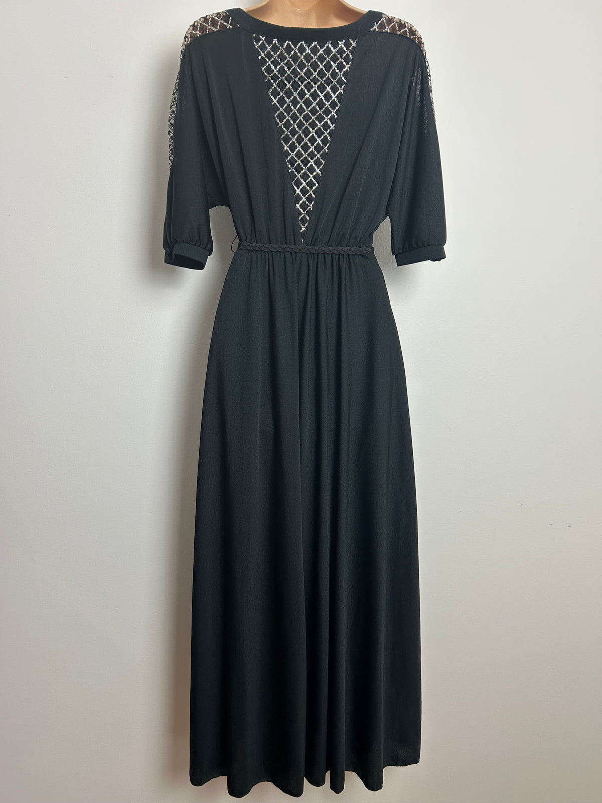 Vintage Early 1980s COUTURE BERND LINEK Size 10-12 Black & Silver Lace Panel Evening Maxi Dress
