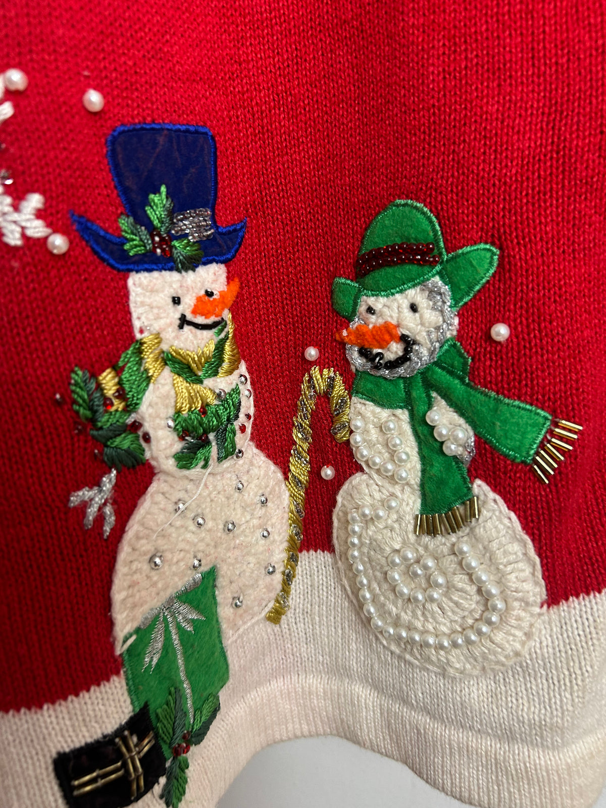 Vintage 1990s Size 16-18 Red Festive Snowman Applique Xmas Novelty Christmas Cardigan