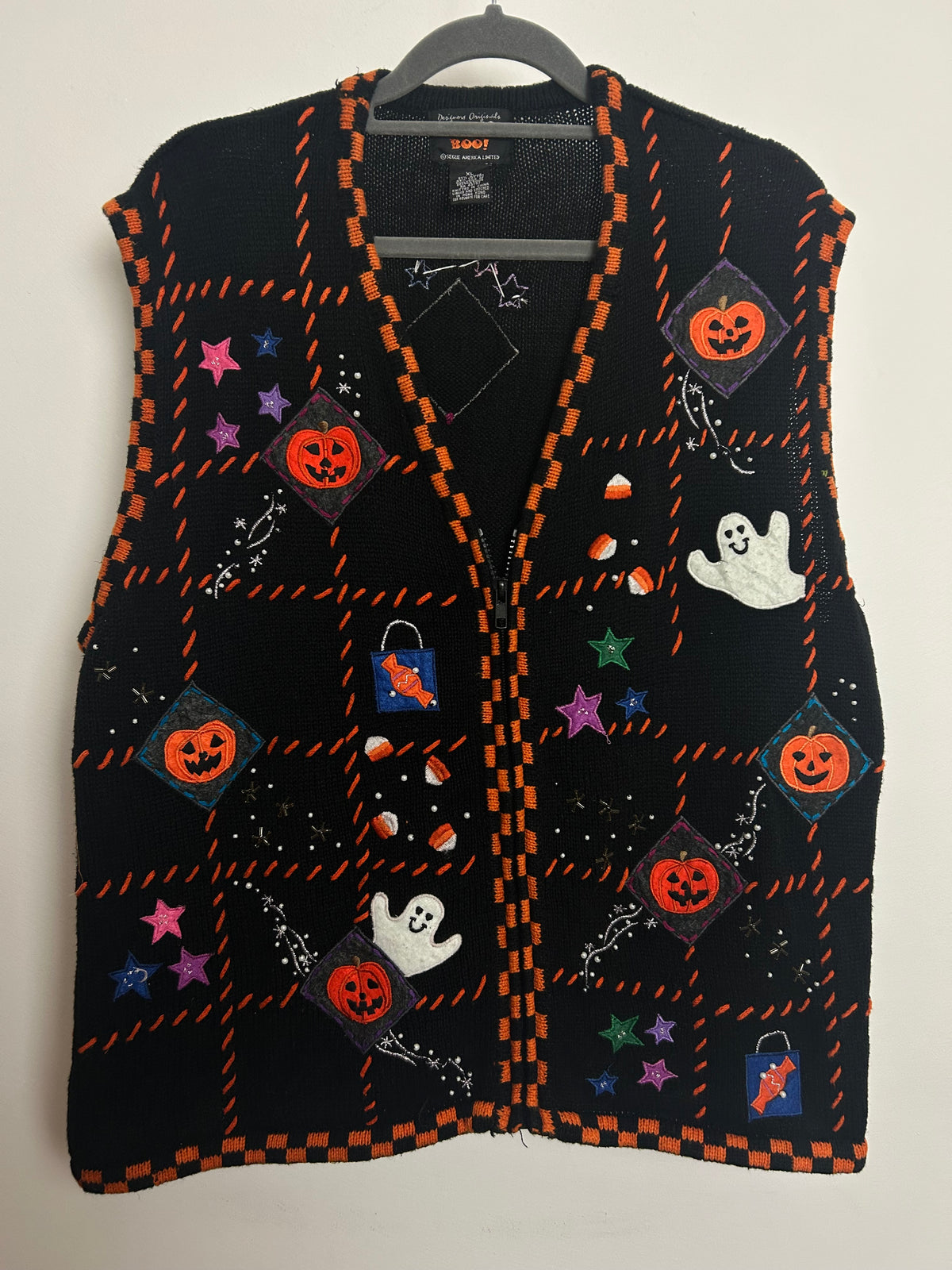 Vintage Size XL (16-18) Fab Halloween Applique Beaded Embroidered Novelty Print Sweater Vest