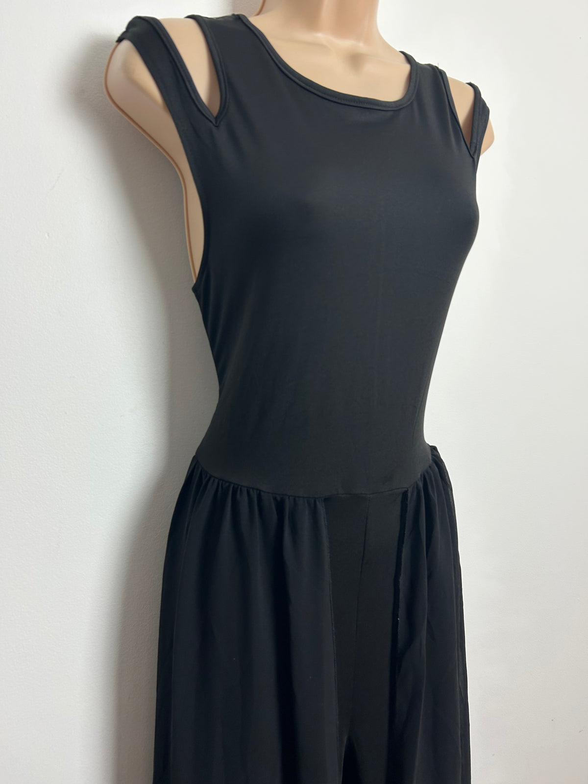 Vintage 1990s Size 8 Black Double Strap Cut Out Shoulder Jumpsuit With Chiffon Skirt Overlay