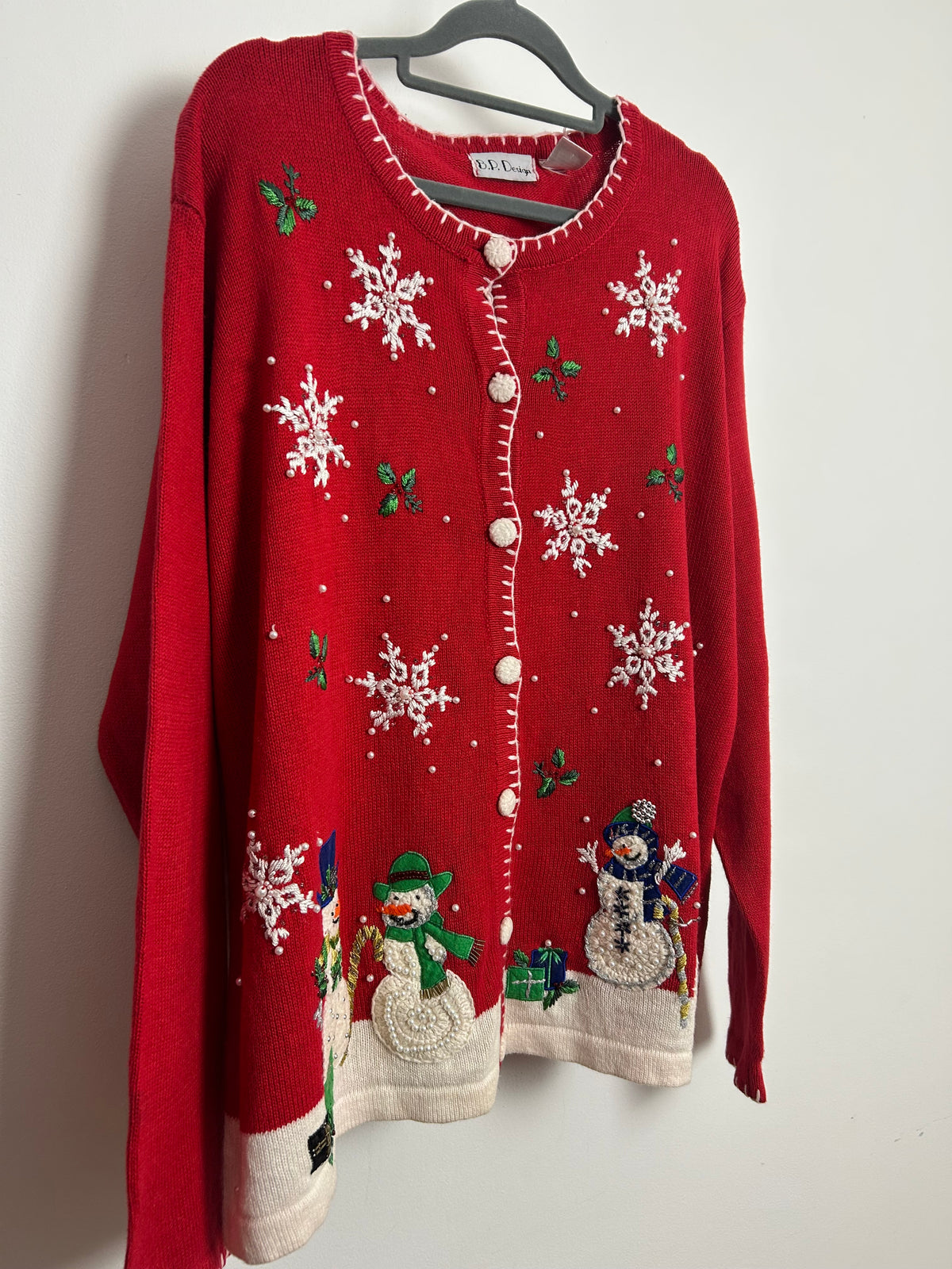 Vintage 1990s Size 16-18 Red Festive Snowman Applique Xmas Novelty Christmas Cardigan