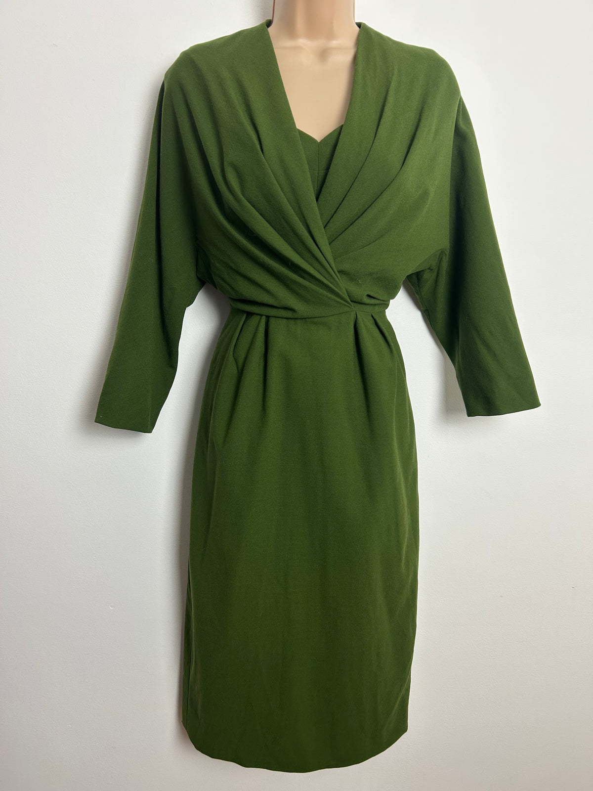Vintage Early 1950s Size 8 Moss Green Wool Crepe Fitted Wiggle Dress