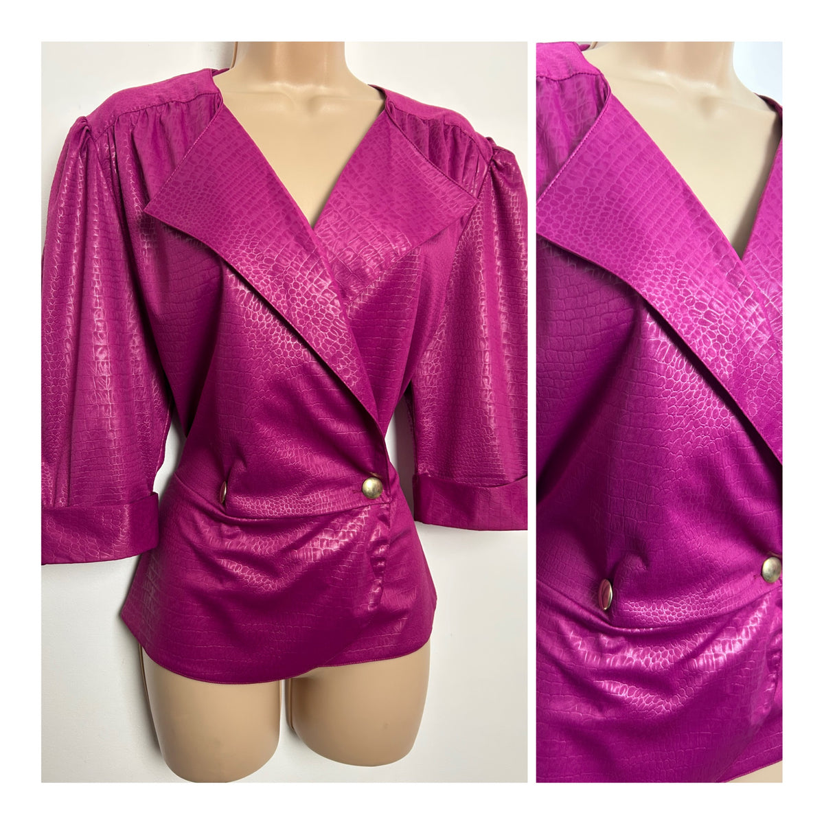 Vintage 1980s C&A Size 12 Fuchsia Pink Mock Reptile Print Peplum Wrap Blouse/Top
