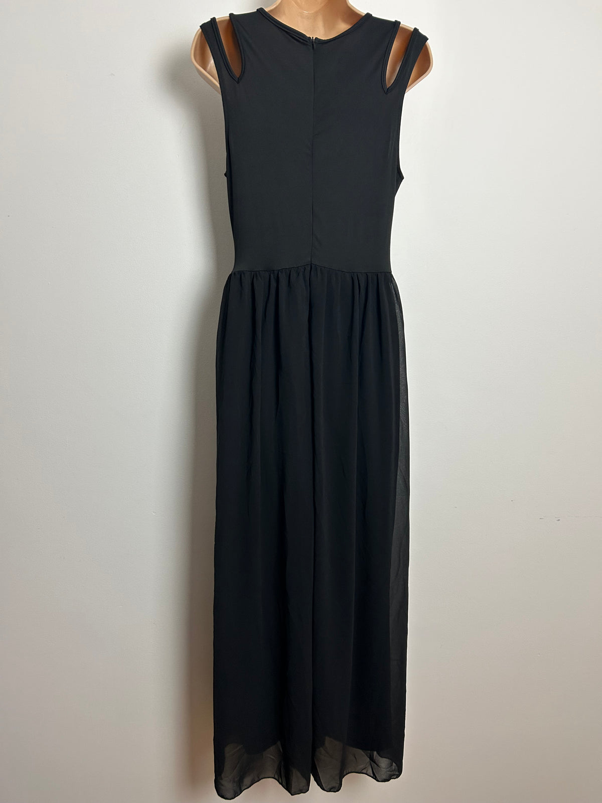 Vintage 1990s Size 8 Black Double Strap Cut Out Shoulder Jumpsuit With Chiffon Skirt Overlay