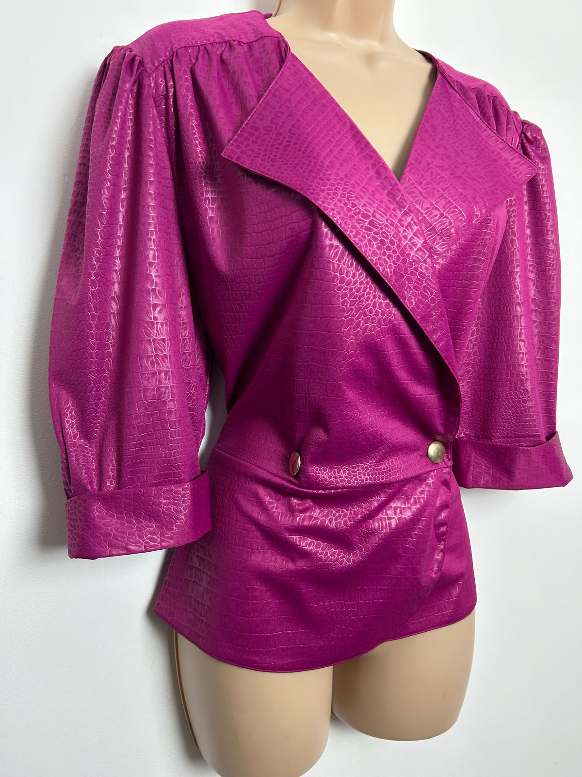 Vintage 1980s C&A Size 12 Fuchsia Pink Mock Reptile Print Peplum Wrap Blouse/Top