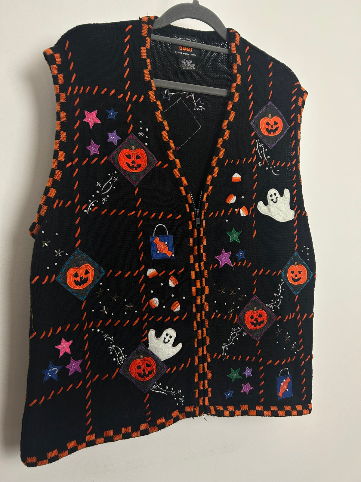 Vintage Size XL (16-18) Fab Halloween Applique Beaded Embroidered Novelty Print Sweater Vest