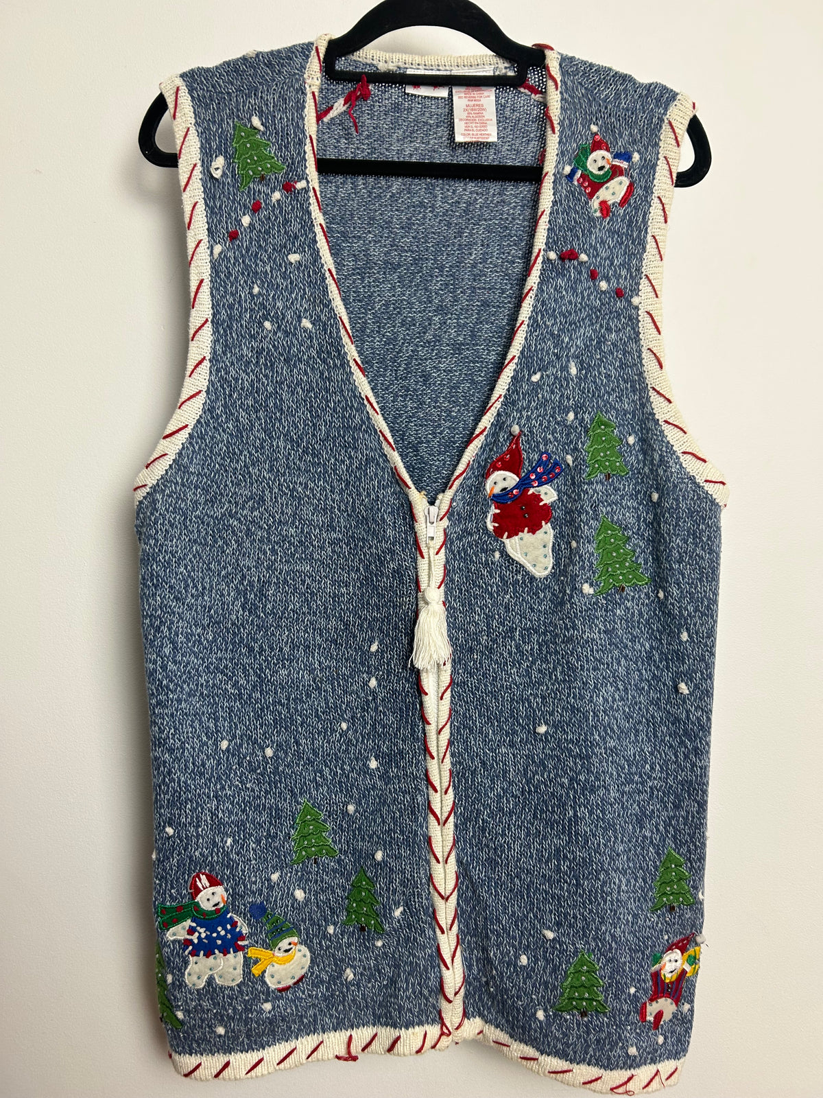 Vintage 1990s Up To Size 18 Blue Snowmen Applique Xmas Novelty Christmas Knitted Waistcoat